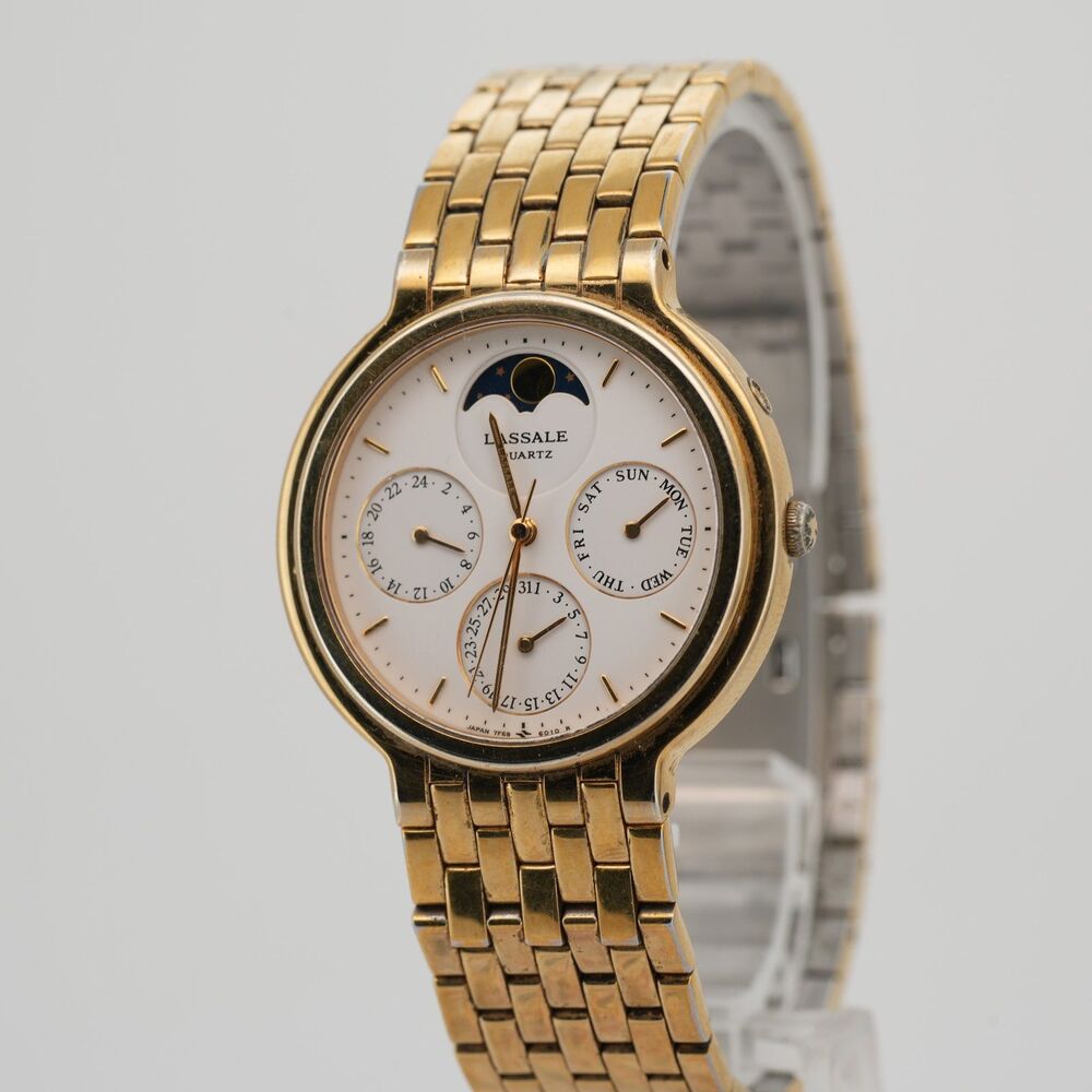 Vintage Seiko Lassale Moonphase 7F69-6029 Watch Ultra Thin Triple Date Gold 34mm